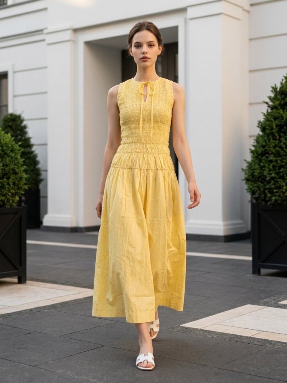 NWT Moon River Yellow Smocked Cotton Midi Maxi Dress Size S